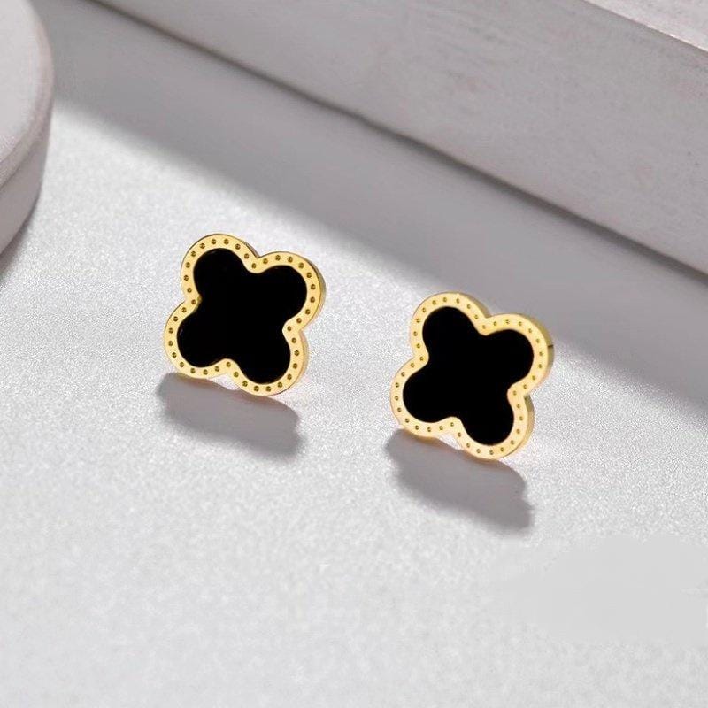 Elegant Black Clover Stud Earrings – Gold Plated Minimal Jewelry