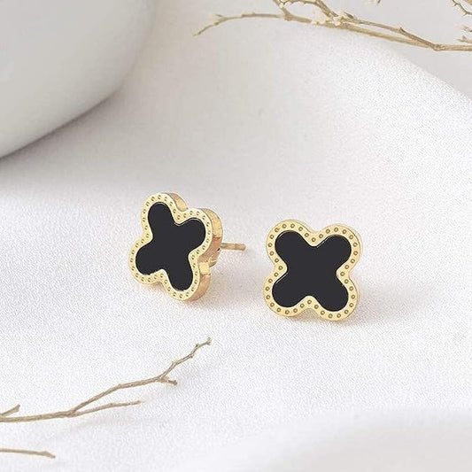 Elegant Black Clover Stud Earrings – Gold Plated Minimal Jewelry